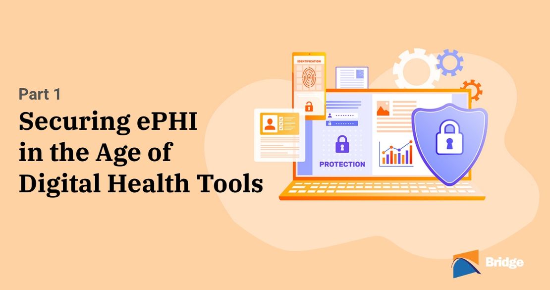 Illustration of a coputer demonstrating healthcare cybersecurity challenges with the text "Securing ePHI in the Age of Digital Health Tools to the left.
