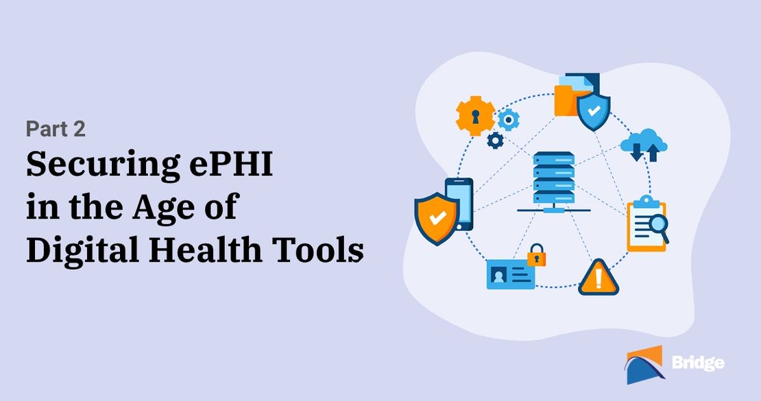 Illustration of healthcare application security measures with the text "Securing ePHI in the Age of Digital Health Tools" to the left.